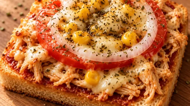 Pão Pizza com frango, muçarela, tomate, cebola e milho